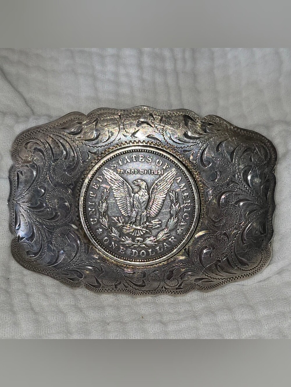 Vintage Hand Engraved Sterling Silver Belt Buckle W/ 1921 Morgan Dollar 72g